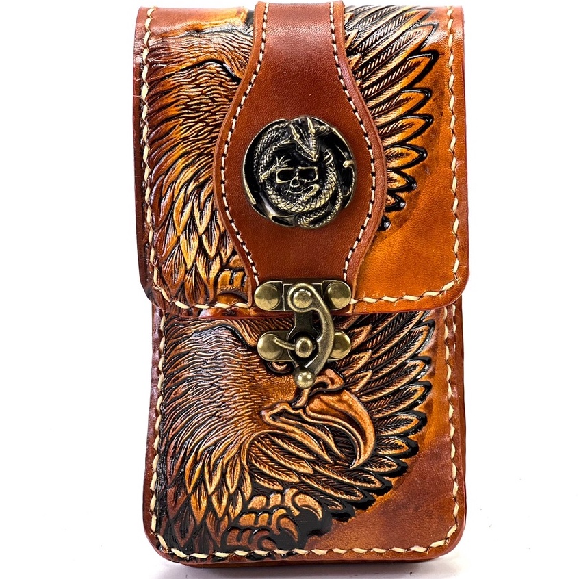 Chinatown leather กระเป๋าหนังวัวแท้ร้อยเข็มขัดฝาตั้งตอกลายตะขอเกี่ยว ใส่มือถือiPhone พลัส