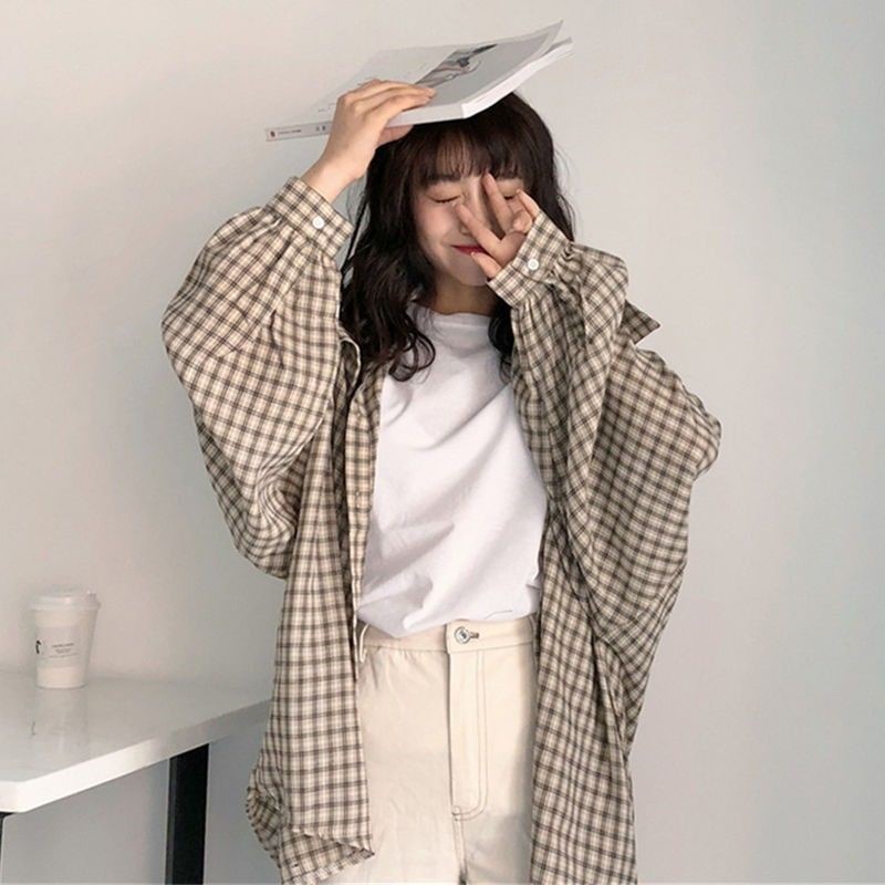เสื้อเชิ้ตแขนยาว ลายสก๊อต ทรงหลวม สไตล์เกาหลีวินเทจ สําหรับผู้หญิง