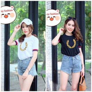 N013 เสื้อยืดแฟชั่น เสื้อยืดคอกลม แถบแขนสุดเก๋ เรียบหรูดูแพง