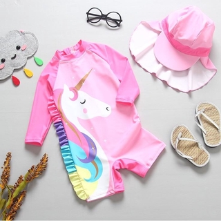 ชุดว่ายน้ำ Unicorn พื้นชมพูพร้อมหมวก Size 5T