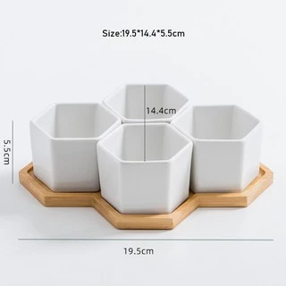 Plants Center T201 กระถางต้นไม้ เซรามิกขาวเซตหกเหลี่ยม มีถาดรองไม้ ขนาด19.5x14.4x5.5 cm เป็นเซรามิกเคลือบเงา ปลูต้นไลทอป