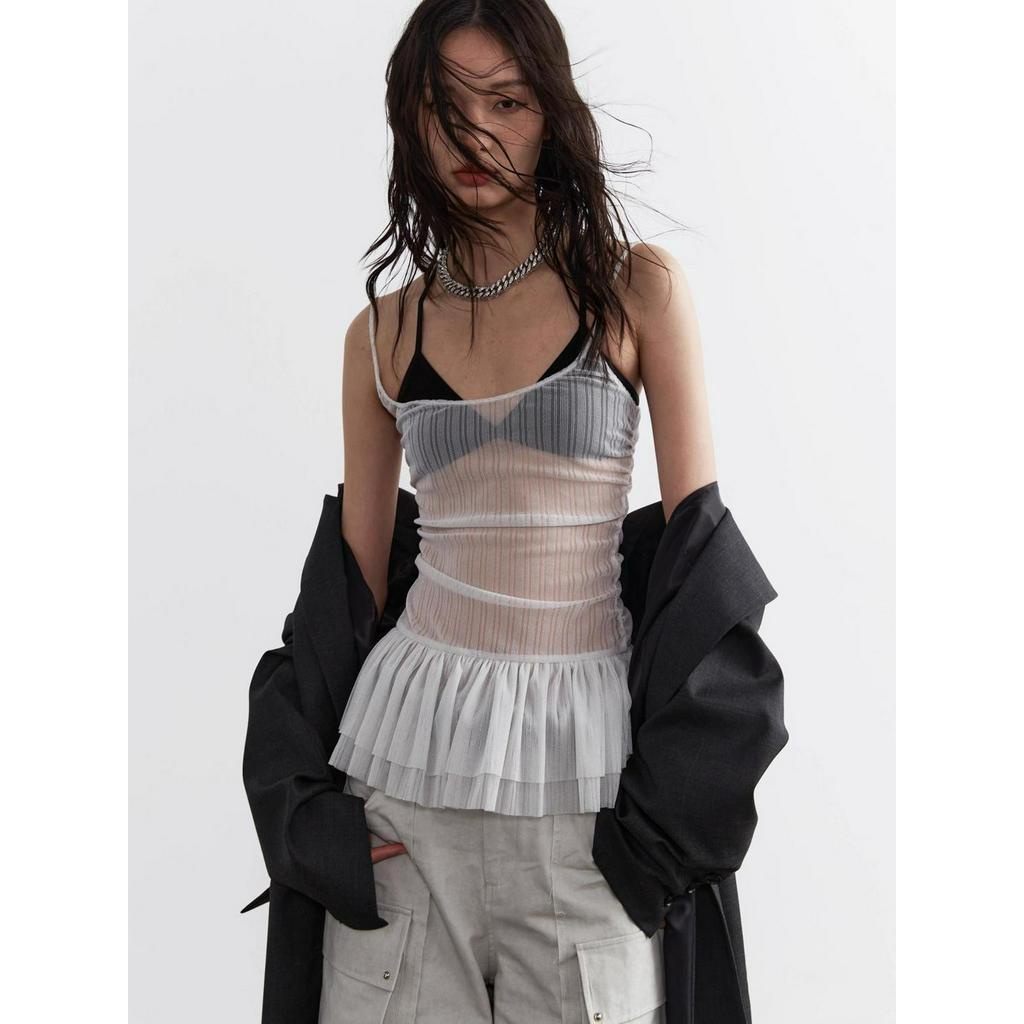 Shanmieleng Fairy Style Transparent Breath Ruffled All-Match Short Stretch Camisole