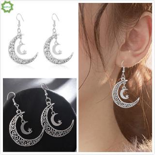 Cod Qipin Fashion Vintage Alloy Silver Hollow Moon Pendant Earrings Gift for Wedding Party Jewelry