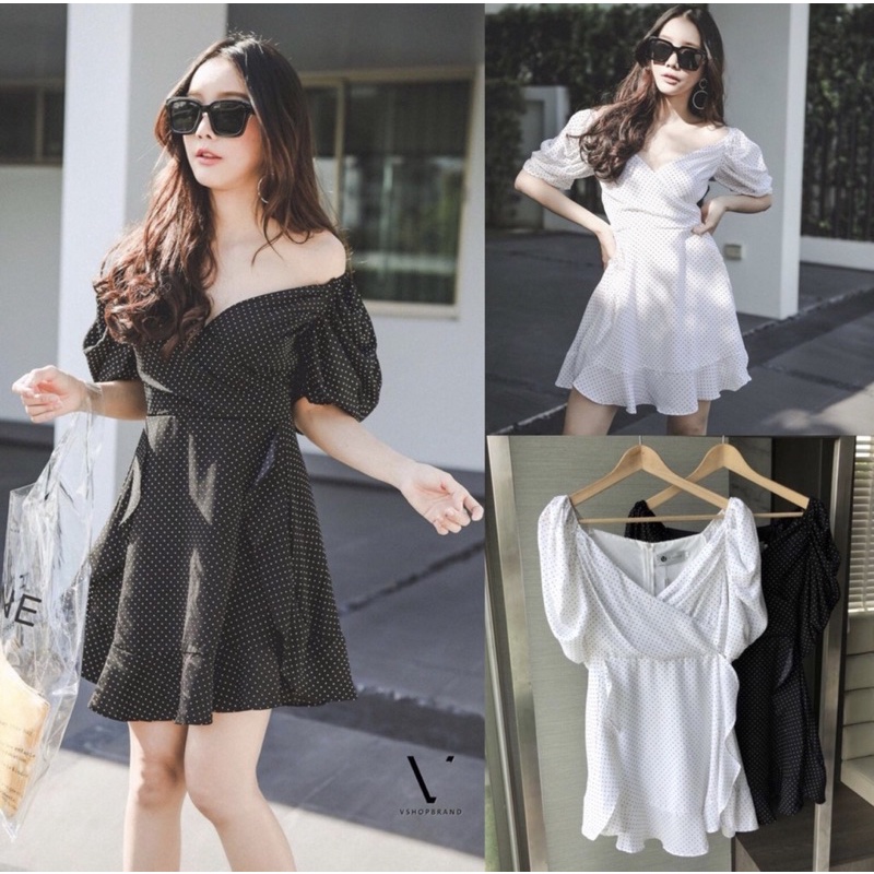 เดรสงานป้าย Vshop brand /เดรสลายจุด/เดรสสีดำลายจุด