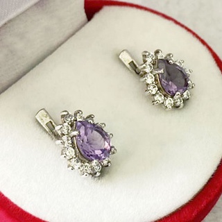 Q6408 ต่างหูพลอยอเมทิสต์แท้ ( Amethyst ) แบบอิงลิชล็อค ตัวเรือนเงินแท้ 925 ชุบทองคำขาว