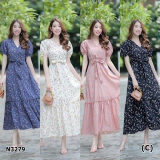 N3279MaxiDress แม็กซี่เดรส แขนตุ๊กตา ผ้าหางกระรอก ผูกโบเอว