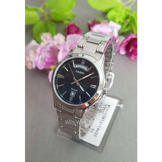 Win Watch shop Casio รุ่น MTP1381D1AV นาฬิกาข้อมือผู้ชาย สายสแตนเลส หน้าปัดสีดำ ประกันศูนย์ 1 ปีเต็ม