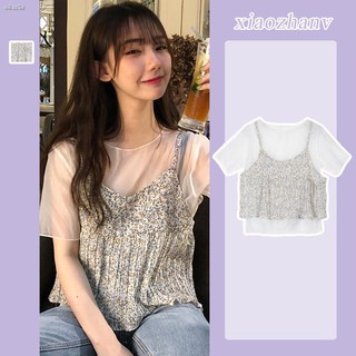 XIAOZHAINV เสื้อยืดผ้าชีฟอง + สายเดี่ยวลายดอกไม้ สไตล์เกาหลี