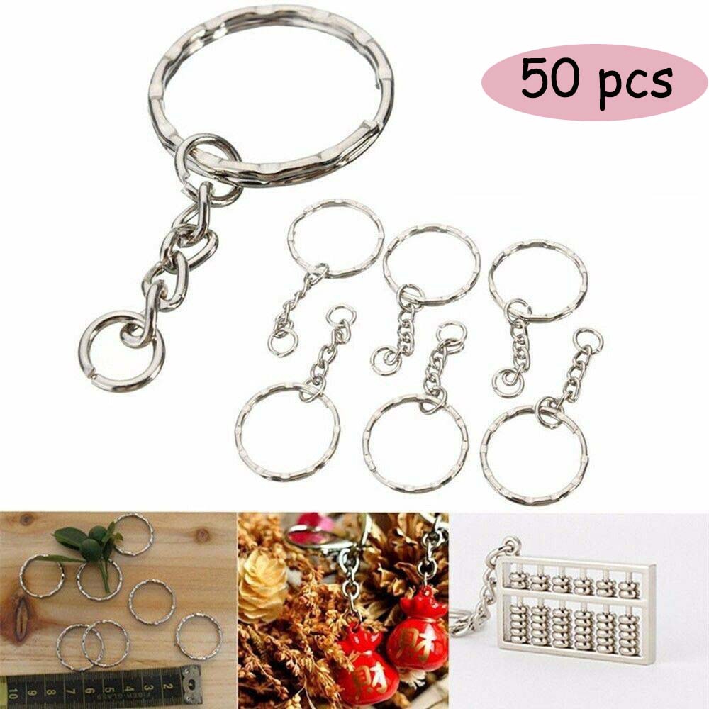 50 Pcs/ Lot Polished Silver Keyring Keychain Split Ring with Short Chain Key Rings Women Men DIY Key Chains Accessories