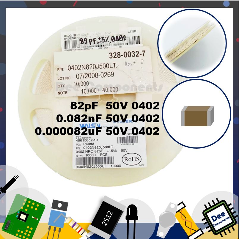 0.000082uF 0.082nF 82pF 0402 ± 5% 50V 0402N820J500LT Walsin Technology 2-B2-1 (1 แพ็ค มี 100 ชิ้น)