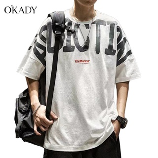 OKADY เสื้อยืดแขนสั้นผ้าฝ้ายผู้ชายใหม่ เสื้อพิมพ์ลายตัวอักษรฤดูร้อน เสื้อยืดอินเทรนด์ทุกแบบ