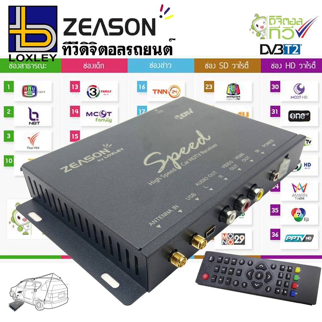 กล่องรับสัญญาณ TV Digital ติดรถยนต์ DVB-T2 LOXLEY รุ่นZEASON SPEED 2เสา ดูทีวีผ่านจอหน้ารถ จอทีวีเพดานชัดมาก ใช้ในรถยนต์