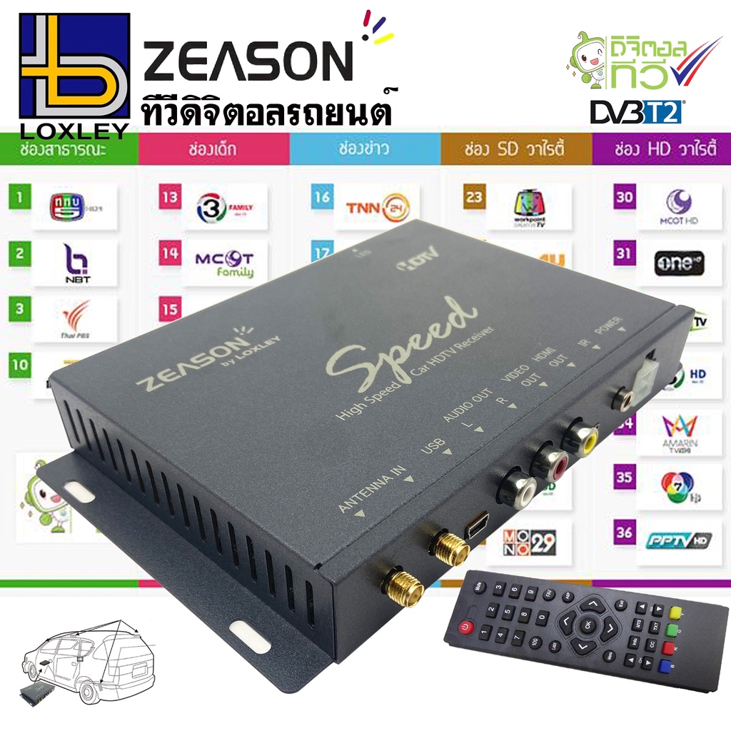 กล่องรับสัญญาณ TV Digital ติดรถยนต์ DVB-T2 LOXLEY รุ่นZEASON SPEED 2เสา ดูทีวีผ่านจอหน้ารถ จอทีวีเพด