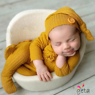 LJW-Newborn Solid Color Long-Sleeves Footed Romper + Knotted Hat Photography Costume for Baby Girls, Boys, 6 Colors