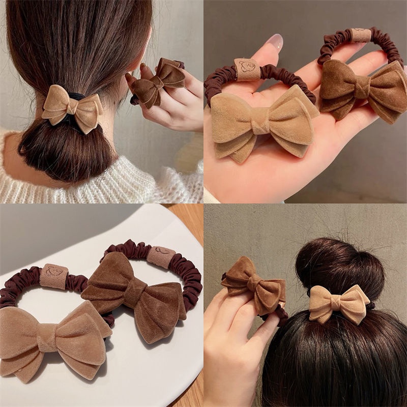 แห่กัน โบว์ผูกผมฤดูใบไม้ร่วงและฤดูหนาวสีกาแฟผ้ายางรัดผม