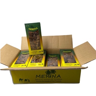 อินทผาลัม Dates 日期 MERINA สินค้านำเข้าจากตูนิเซีย กล่องสีเหลือง-เขียว 500g 1ลัง/บรรจุจำนวน 12 กล่อง ราคาส่ง ยกลัง สินค้าพร้อมส่ง