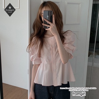 เสื้อเชิ้ตแขนสั้น คอสี่เหลี่ยม แขนพัฟ เอวลอย สีชมพู แฟชั่นฤดูร้อน สไตล์เกาหลี สําหรับผู้หญิง