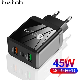 Twitch อะแดปเตอร์ชาร์จโทรศัพท์มือถือ 45W GaN PD QC3.0 USB Type C 3 พอร์ต ชาร์จเร็ว