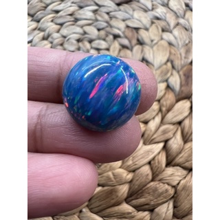 พลอย โอปอล สังเคราะห์!!! BLUE Fire Stripe OPAL หลังเบี้ย Round Green blue Japan Lab made opal 16mm