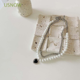 Usnow เครื่องประดับ สร้อยคอโซ่ สองชั้น ประดับไข่มุกเทียม สไตล์ฮิปฮอป เรโทร แฟชั่นสําหรับผู้หญิง