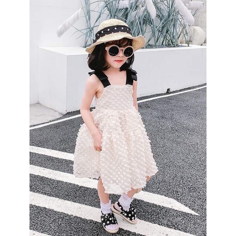 D02🔥พร้อมส่งในไทย🔥เดรสเด็ก สีครีม สายดำ ชุดเด็ก (D02)