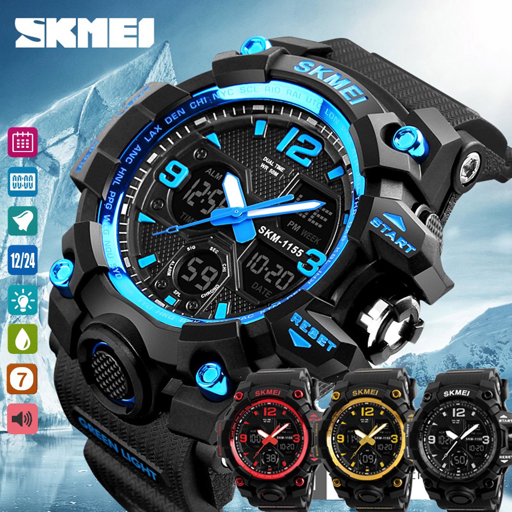 นาฬิกาข้อมือ SKMEI 1155B ดิจิตอลและอนาล็อก กันน้ำ 50 เมตร สีฟ้า