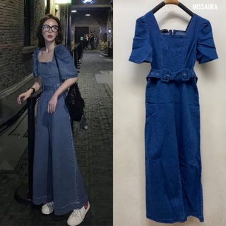 Jumpsuit Jeans แขนยก ซิปหลัง กระเป๋า2ข้าง  มาพร้อมเข็มขัด