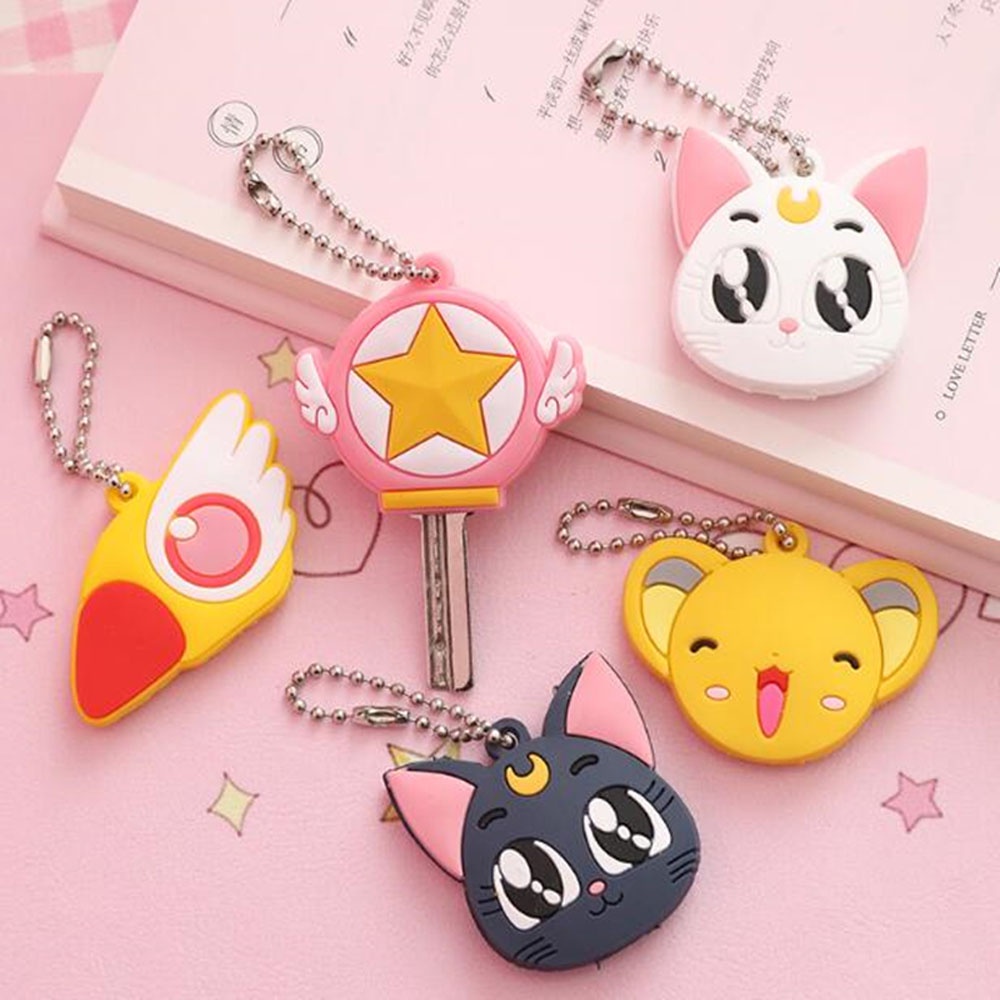 IVORY Cat Card Captor Keyring Girls Key Cover Sailor Moon Keychain Cosplay Props Key Accessories Silicone Sakura Key Cap #4