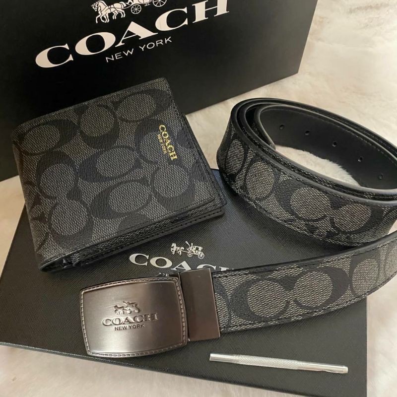 Set สุดคุ้ม กระเป๋าสตางค์ &amp; เข็มขัด Coach แท้💯 outlet  สีเทา ดำ ผู้ชาย ของขวัญ กระเป๋าเงิน