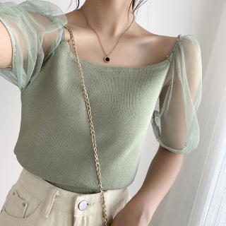 2020 summer korea fashion knitted word collar short tops mesh splicing women short sleeve t-shirt