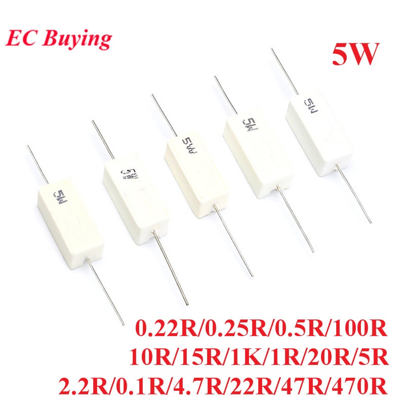 10pcs 5W เซรามิคซีเมนต์ความต้านทานตัวต้านทาน 0.1 ~ 1K 5% 0.1R 0.22R 0.25R 0.5R 1R 2.2R 4.7R 5R 10R 1