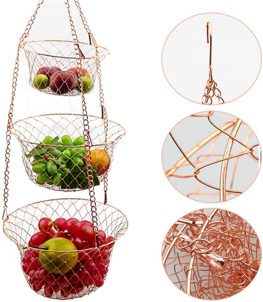 3Tier Wire Fruit Hanging Basket, Heavy Duty Kitchen Vegetable Storage