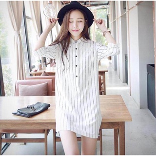 เสื้อเชิ้ตยาว ชุดเดรสยาว Plus Size Striped Womens Dress ในรูปสีกลม แต่สีจริงคือสีดำ