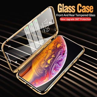 เข้ากันได้กับ iPhone 7 8 Plus X XS XR XSMax 11 12 13 14 ProMax SE2 SE3 โลหะแม่เหล็กดูดซับกระจกนิรภัยปกหลังกรณี