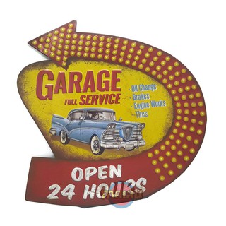 ป้ายสังกะสีวินเทจ Garage Full Service Open 24 Hrs (ปั๊มนูน)