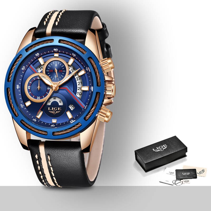 LIGE Fashion Top Luxury Brand Watch Men s Casual Gold Quartz Watch Men Leather Military Waterproof