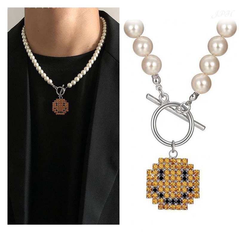 สร้อยคอมุก สร้อยคอยิ้มแฟชั่นบุคลิกภาพฮิปฮอปOTหัวเข็มขัดจี้สร้อยคอสําหรับผู้หญิง/ผู้ชายJP4