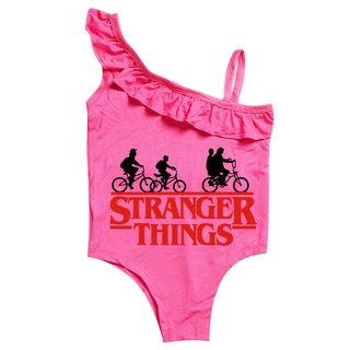 Kids Girls Cartoon Anime Stranger Things Printed Sleeveless One Shoulder Sling Swimsuit Swimming One Piece Romper Silk Swimwear 149