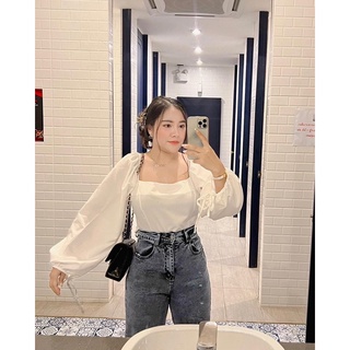 เสื้อคอเหลี่ยมสีขาวแขนยาว แขนปังมากสาวอวบ🌷อก32-46