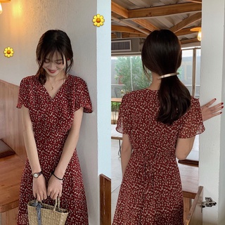 Mini Dress สายหวาน ชุดเดรสลายดอกไม้ ชุดเดรสแขนสั้นคอวีลายดอกไม้