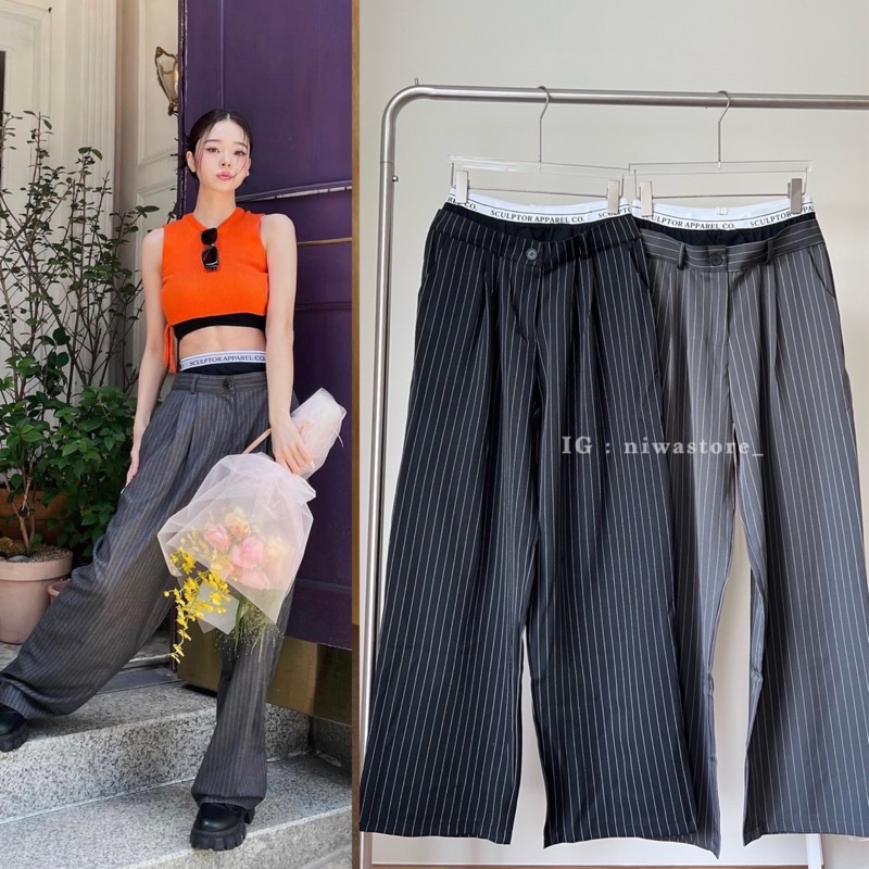 พร้อมส่ง💥 Sculptor🤍 Peekaboo Lowrise Pintuck Pants Gray Pin