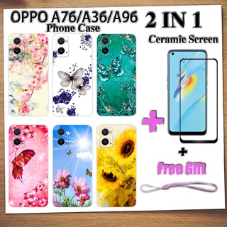 2 IN 1 OPPO A76 A36 A96 เคสโทรศัพท์ พร้อมกระจกนิรภัย เซรามิค ป้องกันหน้าจอ โค้ง ฟิล์มนิรภัย ผีเสื้อ