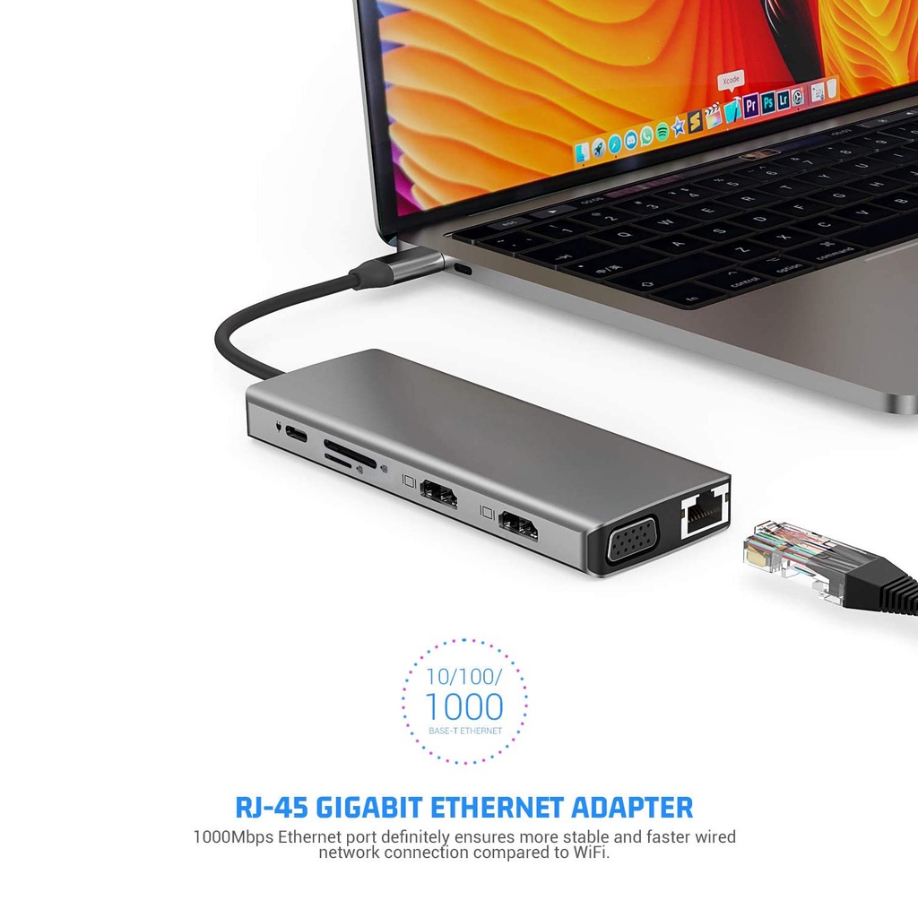 12in1 ฮับ USB c Type-c เป็น HDMI 4k VGA RJ45 SD TF การ์ดรีดเดอร์ Usb3.0 สําหรับโน้ตบุ๊ก แล็ปท็อป