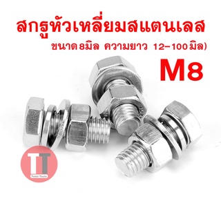 สกรูหัวเหลี่ยมสแตนเลส8มิล เกลียว1.25 ประแจเบอร์13 (ยาว15-100มิล)**สกรู,แหวนอีแปะ,แหวนสปริง,หัวน็อต**ขายเป็นชุด