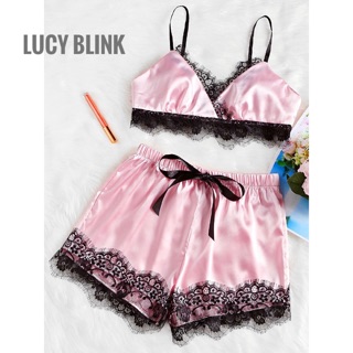 Lucy Blink ชุดนอนน่ารักเซ็กซี่ สีชมพูหวานเสื้อ+กางเกง 2 แต่งชายลูกไม้ดำ(G4)