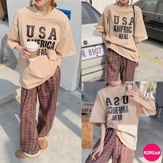 🎀Korean Fashion🎀เสื้อยืดผ้านิ่มเด้ง สกรีนลาย USA สีกากี คอกลมแขนสั้น แฟชั่น