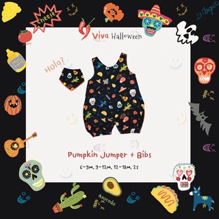 21August.Baby Viva Halloween Pumpkin Jumper+Bibs ชุดจั๊มสูทเด็ก ลายฮาโลวีน ผ้าเปลือกไม้ธรรมชาติ