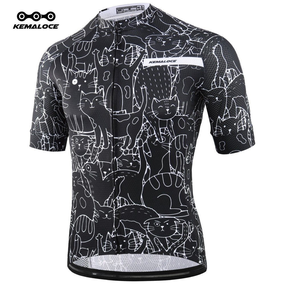 KEMALOCE เสื้อปั่นจักรยาน แขนสั้น ลายการ์ตูนแมว สีดำ 2024