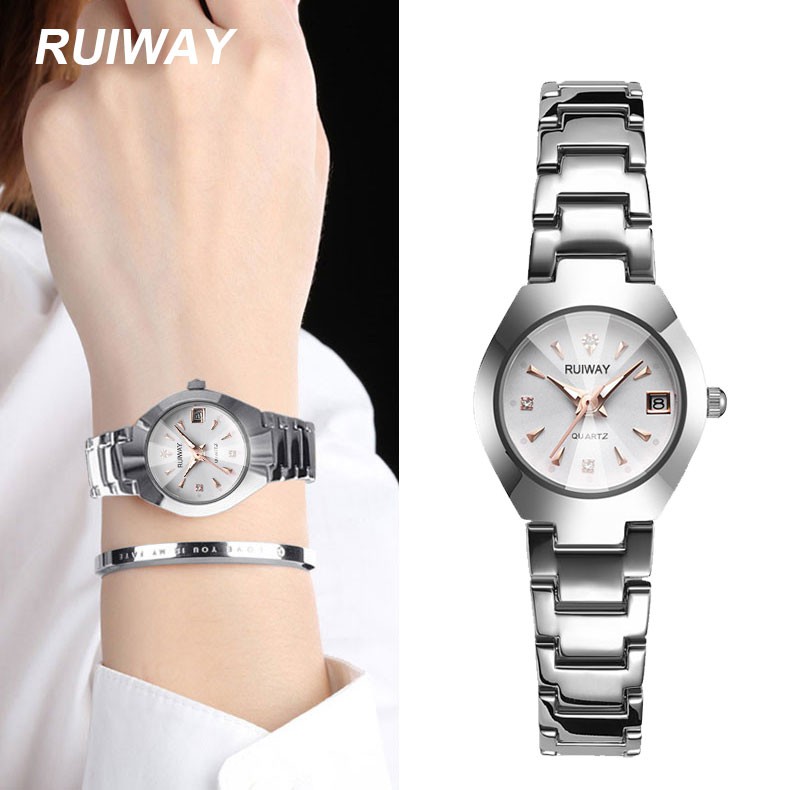 RUIWAY นาฬิกาข้อมือ สายสเตนเลสคุณภาพ ดีไซน์เรียบหรู มีปฏิทินระบุวันที่ กันน้ำ มีหลายสีให้เลือก
