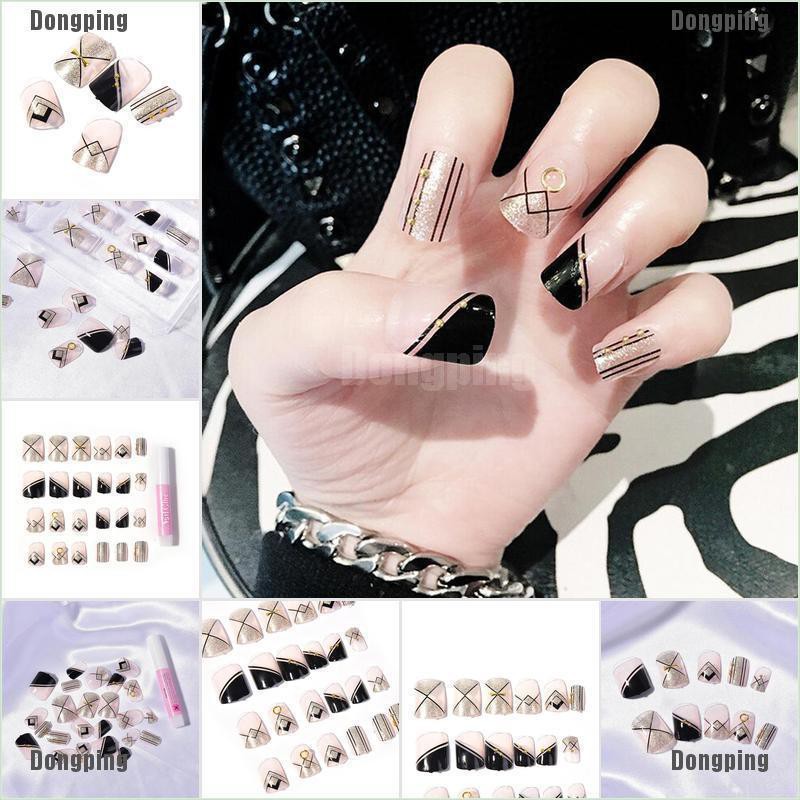 【purpleredto】24pcs Acrylic Designer Fake Nail Tips French Full False Nails Art Fingernail Diy 